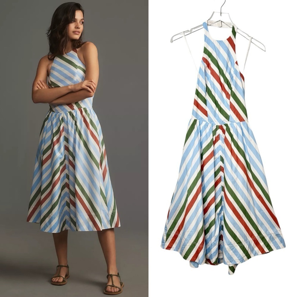 Anthropologie MAEVE Halter Striped Full Skirt Cotton Women’s Midi Dress Sz XS